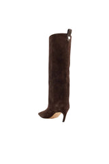 Nadia Choc Suede by Alias Mae, knee-high suede boot with pointed toe and curved heel, perfect for elevated day or evening wear