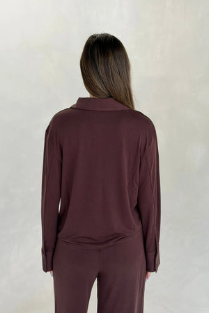 Hunter Long Sleeve Polo Top Chocolate by Sneaky Link, ultra soft stretch polo with a second-skin fit and button neckline.