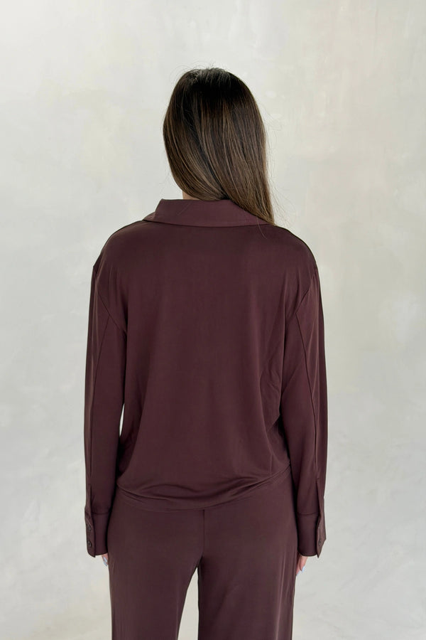 Hunter Long Sleeve Polo Top Chocolate by Sneaky Link, ultra soft stretch polo with a second-skin fit and button neckline.