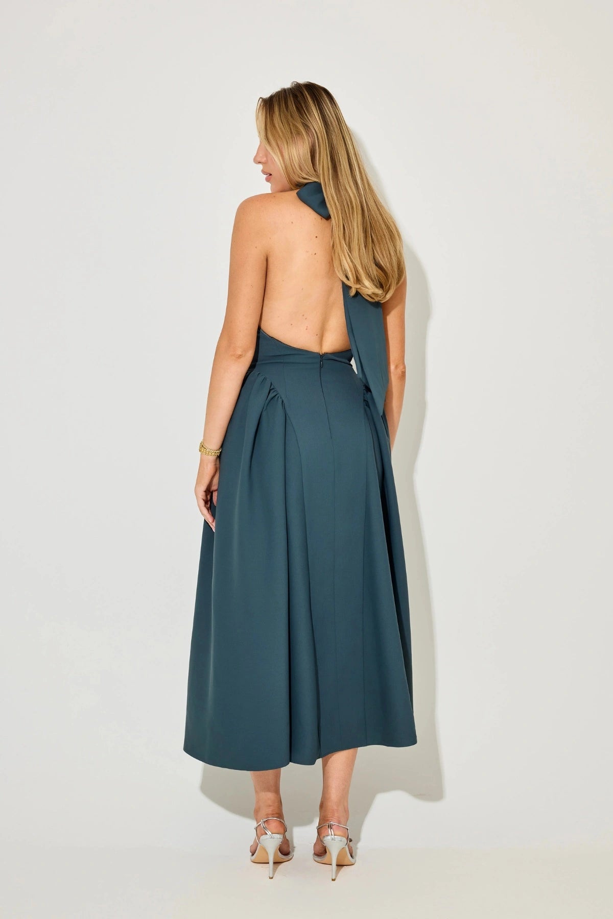Tie Neck Gathered Midi Dress by Odd Muse, teal midi with gathered skirt and draped neckline. Perfect for formal parties and soirées.