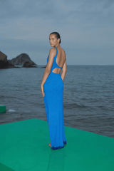 Arrecife Dress Noche Azul by Baobab – A trendy one-shoulder maxi with a heart neckline, bold cut-out, and side slit, perfect for elegant special occasions.