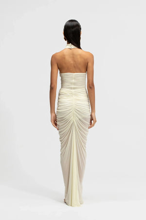 Opal Dress Basalto by Maygel Coronel, ruched halter maxi dress with sculptural open back detailing