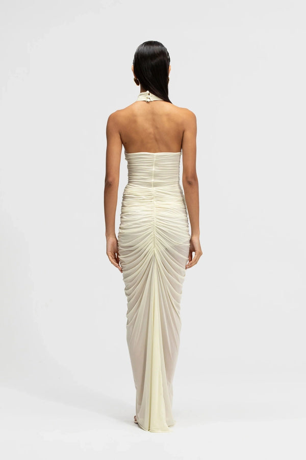 Opal Dress Basalto by Maygel Coronel, ruched halter maxi dress with sculptural open back detailing