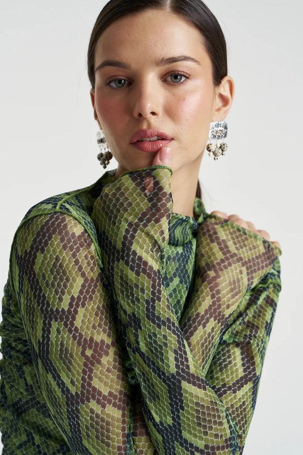 Mesh LS Rouched Skivvy Viper by Summi Summi, sheer ruched long sleeve top, perfect for layering or night styling