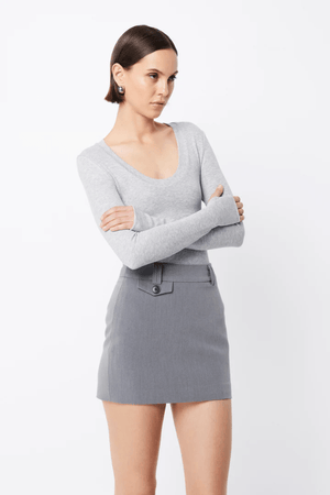 Lincoln Top Grey Marle by Mossman, soft double-layer ribbed jersey with scoop neckline and thumb-hole sleeves, perfect for trendy viral trans-seasonal layering and sleek styling.