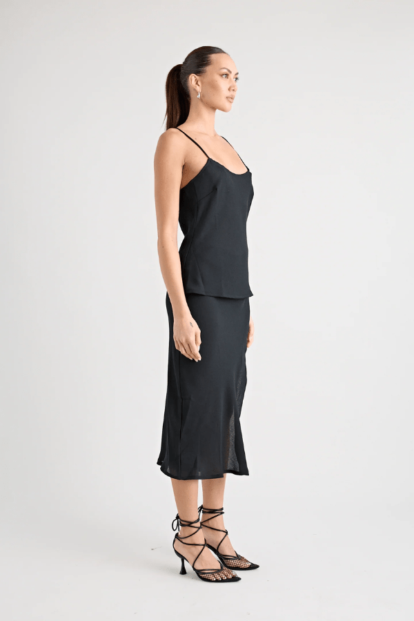 Gianni Scoop Cami Black by Pfeiffer, lightweight scoop-neck cami with adjustable straps and bias cut, perfect for trendy viral warm-weather and chic coordinated looks.