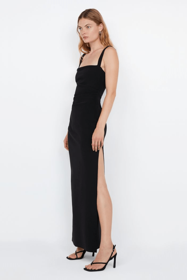Leora Tuck Maxi Dress Black by Bec + Bridge – A sleek, figure-flattering maxi with delicate straps, waist tucks, and a chic side leg split. Perfect for elegant occasions.