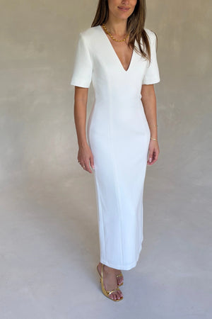 Bobbie Midi Dress White by Sneaky Link, tailored midi dress with V neck, perfect for events or polished styling
