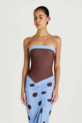 Benni strapless maxi dress with cascading hem and cut out detail, perfect for evening or event styling