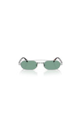 Miu Miu sunglasses with metal frame and green lenses, narrow rectangular shape with retro-inspired bridge detail.