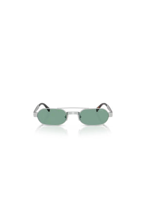 Miu Miu sunglasses with metal frame and green lenses, narrow rectangular shape with retro-inspired bridge detail.