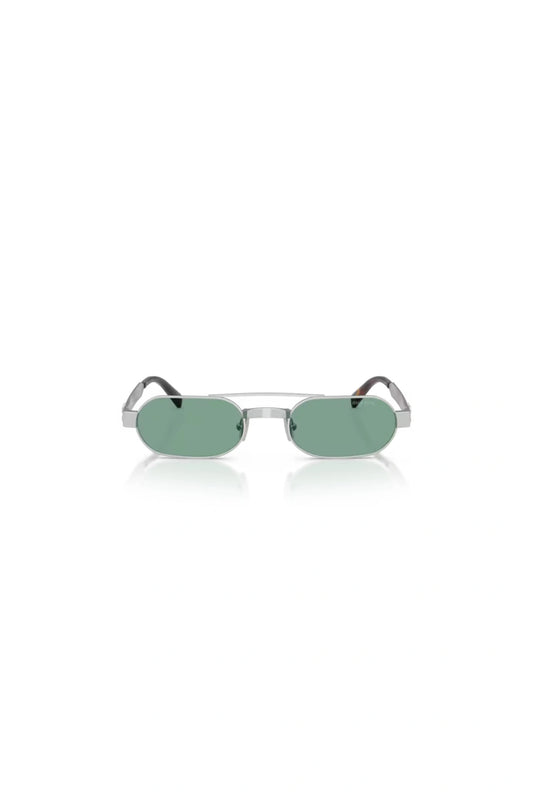 Miu Miu sunglasses with metal frame and green lenses, narrow rectangular shape with retro-inspired bridge detail.