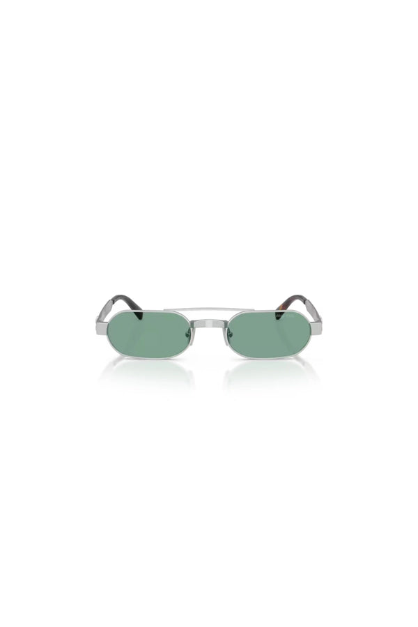 Miu Miu sunglasses with metal frame and green lenses, narrow rectangular shape with retro-inspired bridge detail.