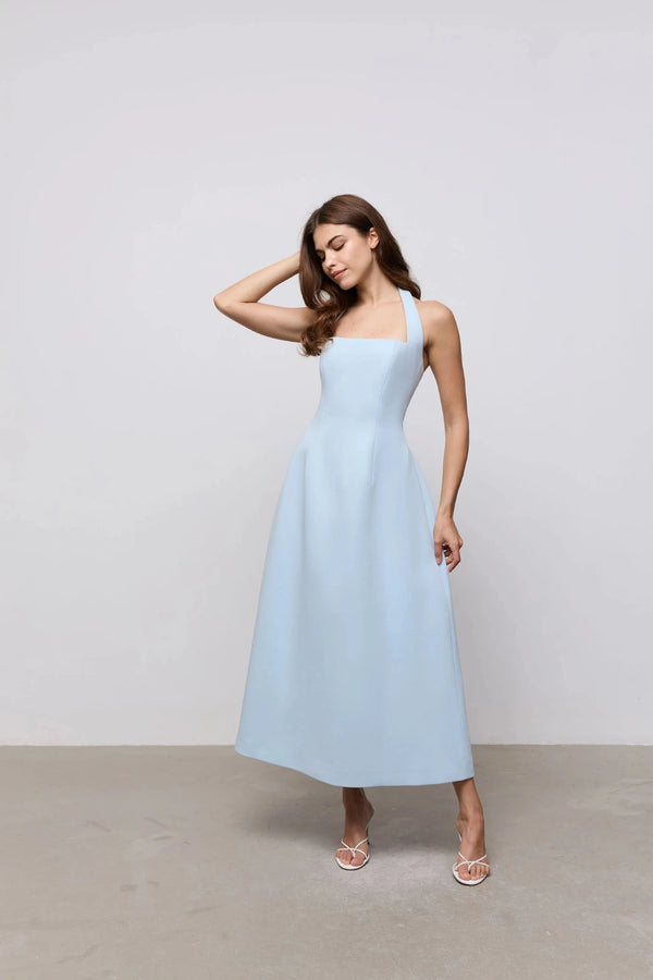 Cotton Mix Halter Midi Dress Powder Blue by Odd Muse, structured halter midi dress for elegant occasions