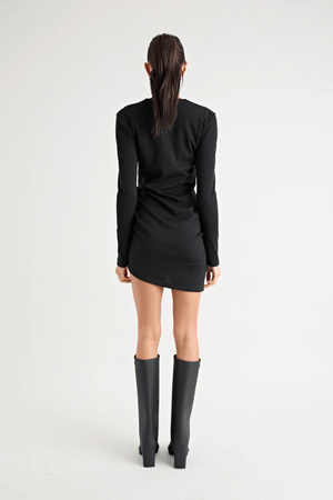 Rule Eight Dress Black by Pfeiffer – A trendy and versatile cotton mini dress with adjustable side ruching, crew neckline, and full sleeves. Perfect for stylish day-to-night wear.