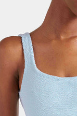 Square Neck Swim Metallic Ice Blue by Hunza G, crinkle one piece swimsuit, perfect for beach or poolside styling
