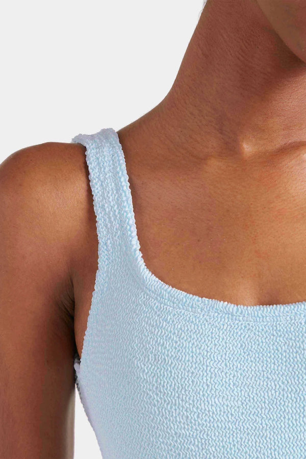 Square Neck Swim Metallic Ice Blue by Hunza G, crinkle one piece swimsuit, perfect for beach or poolside styling
