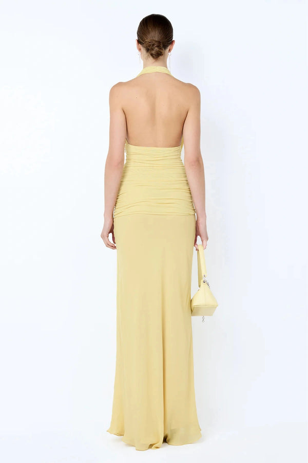 Cassis Drape Maxi Dress by Bec + Bridge, a soft mesh halter with bias georgette skirt and open back. Perfect for sunset soirées.