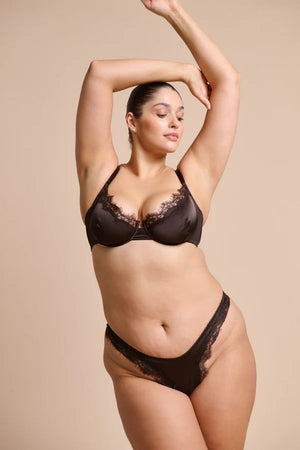 Sorrento Underwire in Espresso by Kat the Label, supportive satin underwire bra with eyelash lace detailing, perfect for offering comfort and timeless elegance.