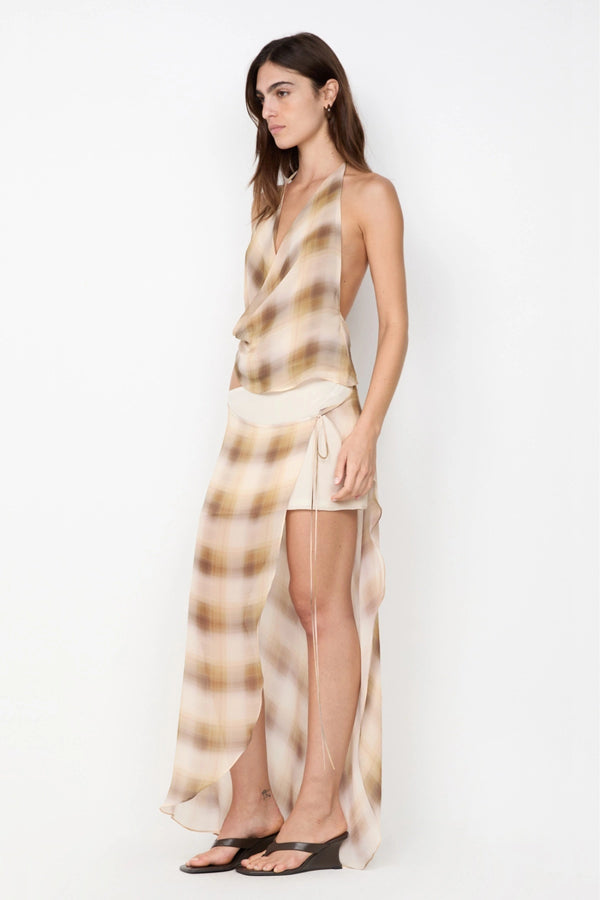 Eliana Midi Skirt by Bec and Bridge — a layered check-print midi with a mini base and side slit, perfect for polished day-to-night styling.