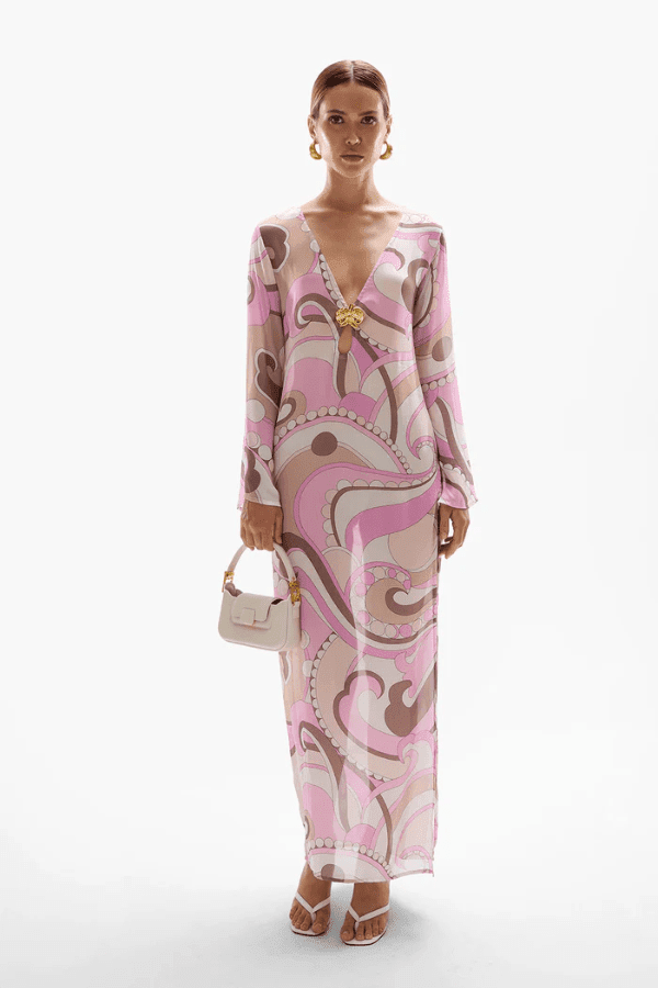 Hotline Orchid Maxi Dress Antibes by Cin Cin – A viral, flowy maxi with dreamy pastel swirls, keyhole neckline, and side split, ideal for resort lounging and summer nights.