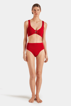 Nadine Bikini With Tonal Hoops Red by Hunza G – Flattering one-size bikini with high-waisted bottoms, tonal hoops, and full bust support.