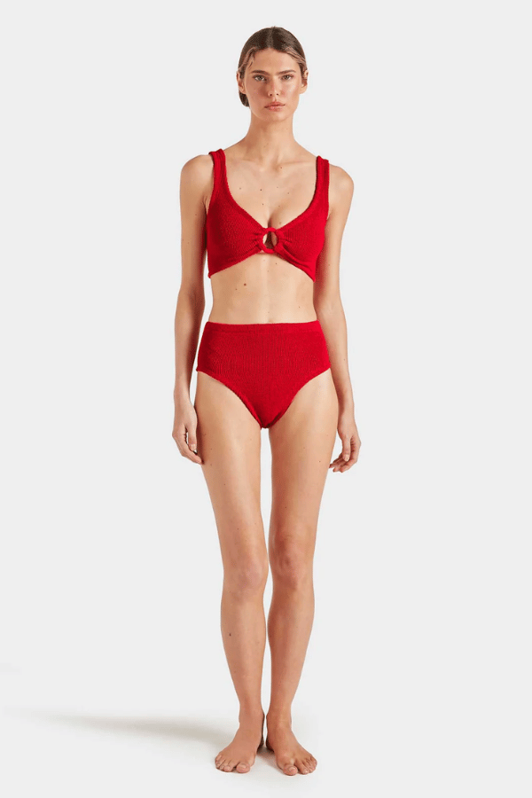 Nadine Bikini With Tonal Hoops Red by Hunza G – Flattering one-size bikini with high-waisted bottoms, tonal hoops, and full bust support.