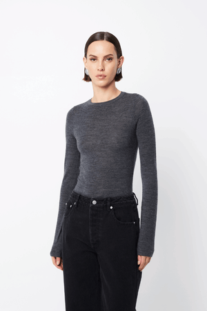 Maine Long Sleeve Top Charcoal by Mossman – Trendy, soft Merino wool top with a flattering round neck, perfect for layering or wearing solo in any season.