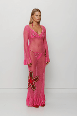 Elke Crochet Maxi Dress Candy by The Wolf Gang, handwoven with floral crochet in a relaxed silhouette. Perfect layered over swimwear this summer.