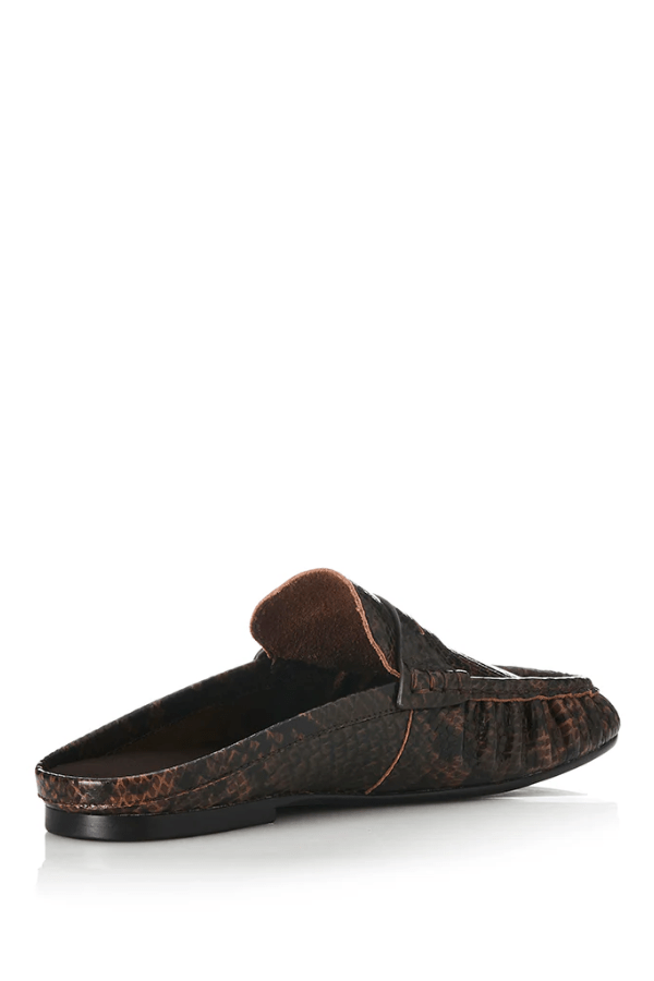 Ivy Choc Snake by Alias Mae, backless leather loafers with a chic chocolate snake texture, blending polish and modern ease.