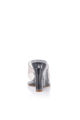 Sienna Heel Grey by Lana Wilkinson, thong heel with lucite wedge and clear upper, perfect for day to night styling