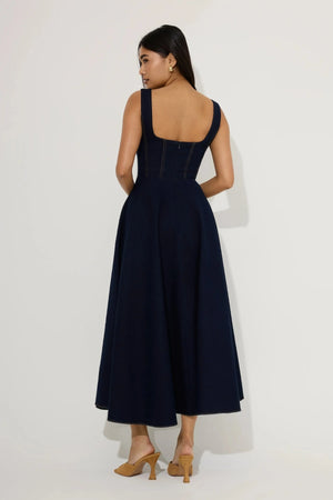 Cotton Mix Denim Square Neck Midi Dress Dark Blue by Odd Muse, fitted denim midi dress, perfect for chic day to night styling