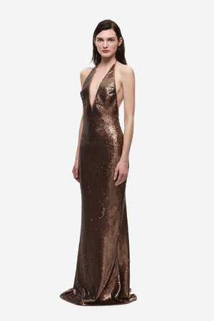 The Plunge Sequin Jersey Maxi Dress Mocha