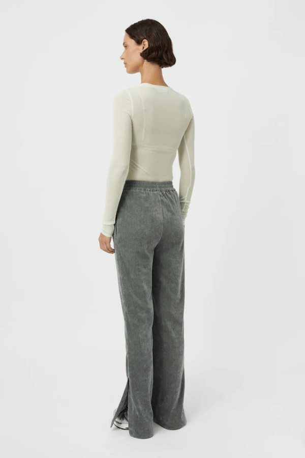 Aneta Velour Track Pant Agave by Camilla and Marc, luxe pintuck velour with side splits, perfect for stylish lounging or weekend errands.