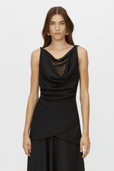 Attar Top Black by Camilla and Marc – draped cowl neck with twisted straps and deep V-back, perfect for elegant dinners or chic evening events.