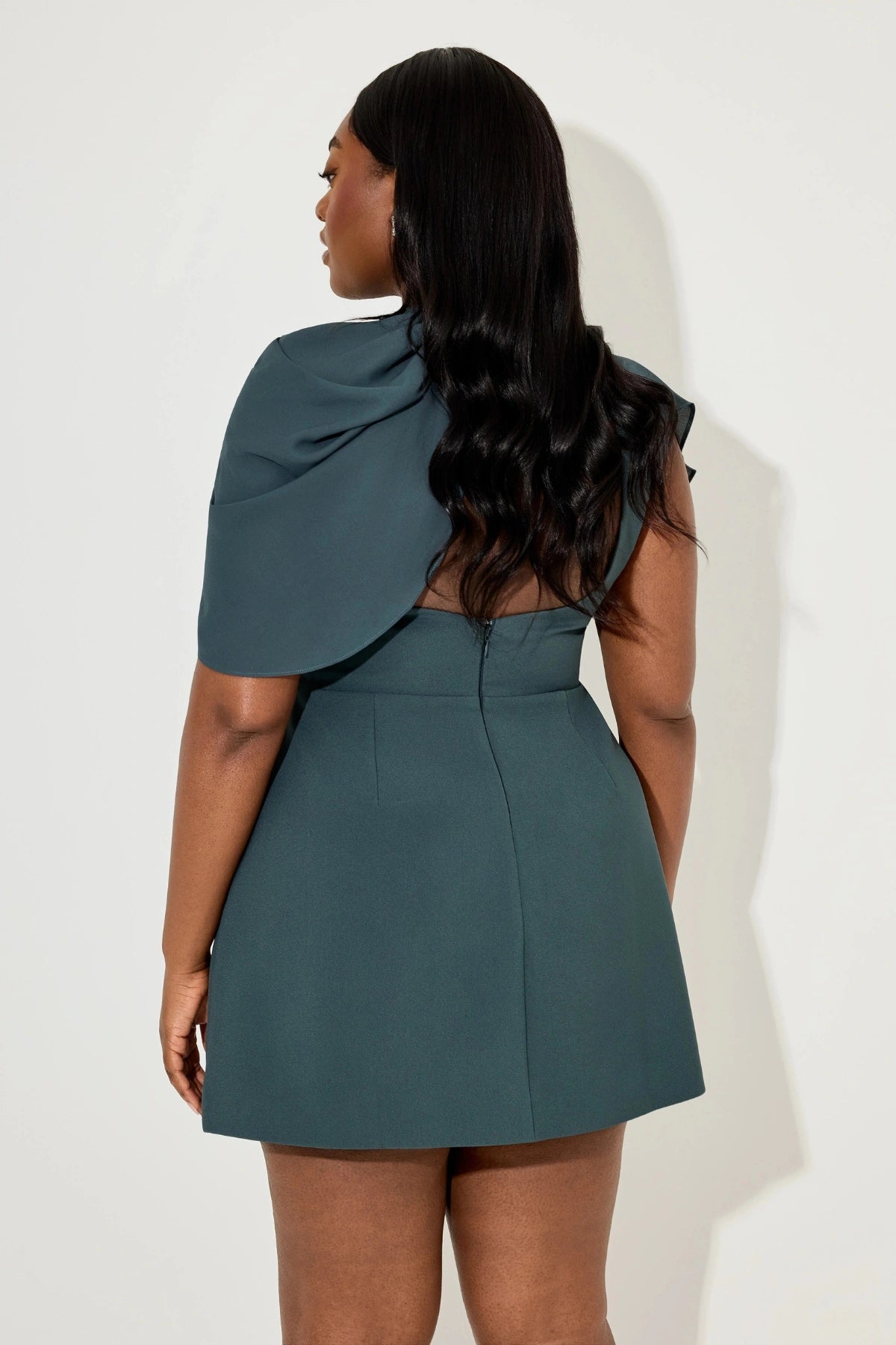 Gathered Mini Dress by Odd Muse, teal sculpted mini with mesh wrap and open back for a chic night-out moment. Elegant and refined.
