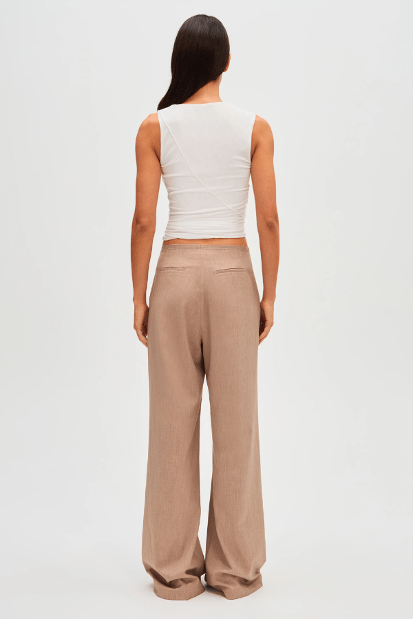 Simone Pant taupe by Misha, wide-leg pants with trendy frayed details and front pleats, perfect for casual or formal wear with a relaxed fit.
