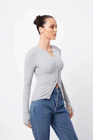Lyon Cardigan Grey Marle by Mossman, warm double-layer ribbed jersey with round neckline, button front, and thumbhole sleeves, perfect for trendy viral layering and sleek everyday style.