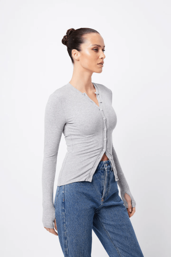 Lyon Cardigan Grey Marle by Mossman, warm double-layer ribbed jersey with round neckline, button front, and thumbhole sleeves, perfect for trendy viral layering and sleek everyday style.