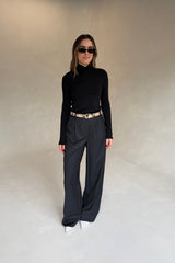 Eloise High V Neck Knit Top Black by Sneaky Link, slimming long sleeve knit for work or evening styling