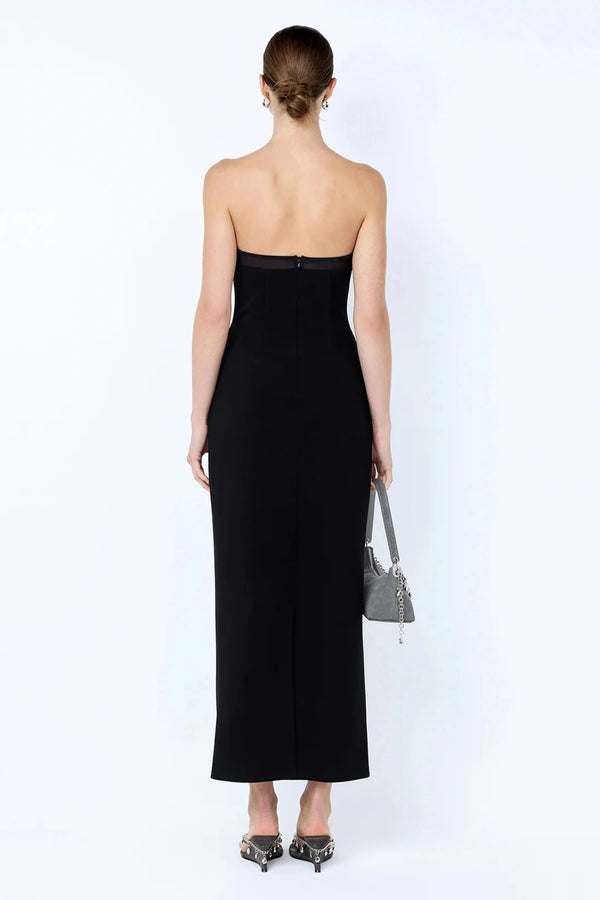 Romee Strapless Midi Dress by Bec + Bridge, a sculpted black silhouette with power-mesh detail. Perfect for formals or prom nights.