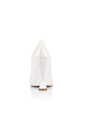 Molly Pump White Patent Leather by Lana Wilkinson, pointed toe leather pump with sculptural 10cm heel height