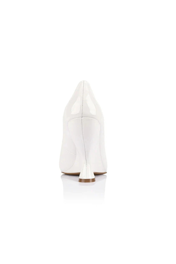 Molly Pump White Patent Leather by Lana Wilkinson, pointed toe leather pump with sculptural 10cm heel height