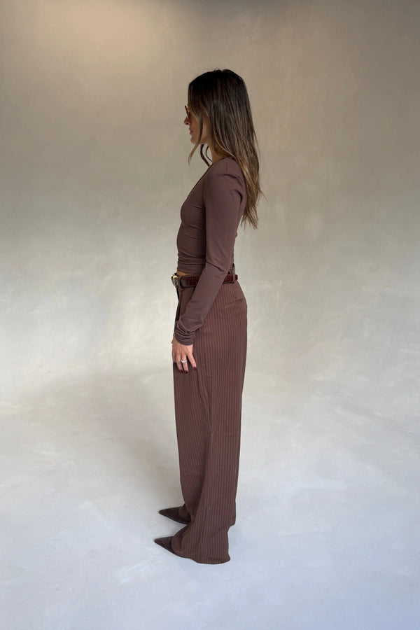 Kinsley Pinstripe Tailored Pant Chocolate Stripe by Sneaky Link, wide leg tailored pants for chic office styling