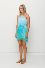 Wilde Fringe Mini Dress Black by The Wolf Gang, a dramatic zig-zag fringe mini with asymmetrical hem. Perfect for cocktails or festival nights.