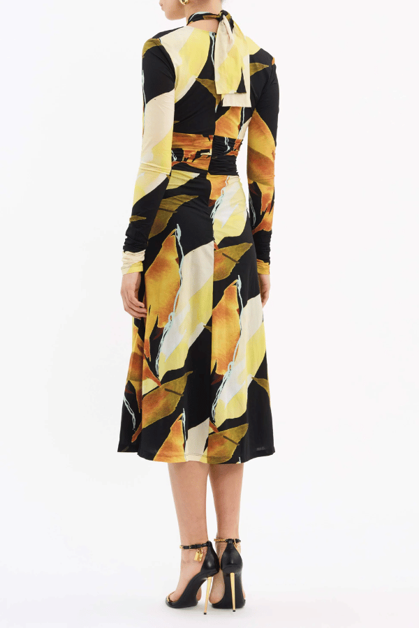 Petals Of Paradise Long Sleeve Midi Dress Print by Rebecca Vallance – Printed jersey, tie neck, gathered waist, front