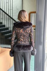 Ella Squire Lace Fur Trim Top Black