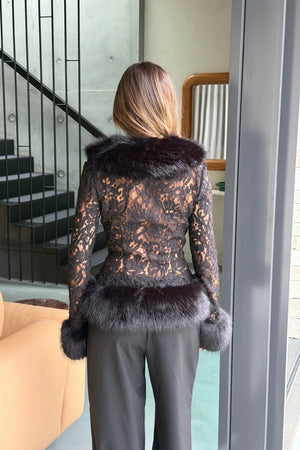 Ella Squire Lace Fur Trim Top Black