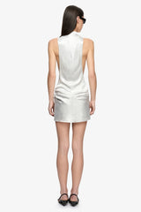 Juna High Neck Mini Dress Silver by BEC + BRIDGE, crinkle satin mini dress with funnel neckline and racerback silhouette.