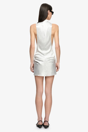 Juna High Neck Mini Dress Silver by BEC + BRIDGE, crinkle satin mini dress with funnel neckline and racerback silhouette.